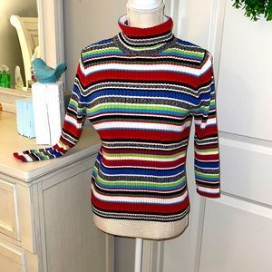 Large 3/4 length ribbed turtleneck, striped primary colors, great for holidays!